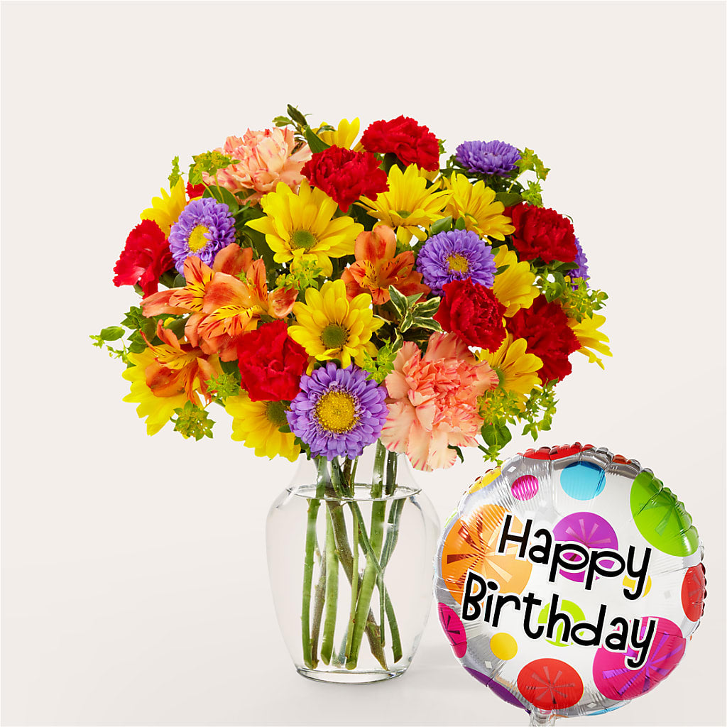 Kaleidoscope Bouquet with Birthday Balloon – Flowers And Decor Same Day, Vero Beach FL
