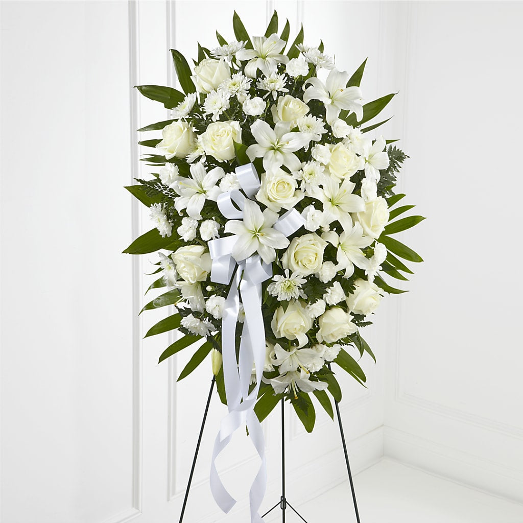 Exquisite Tribute Standing Spray-White Ribbon – Flowers And Decor Same Day, Vero Beach FL