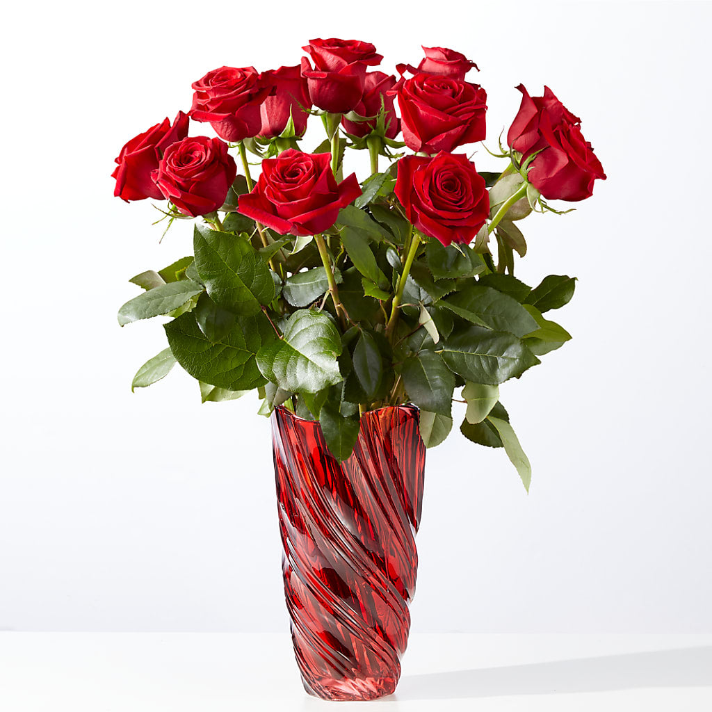 Classic Love Red Rose Bouquet with Luxe Swirl Vase – Flowers And Decor Same Day, Vero Beach FL